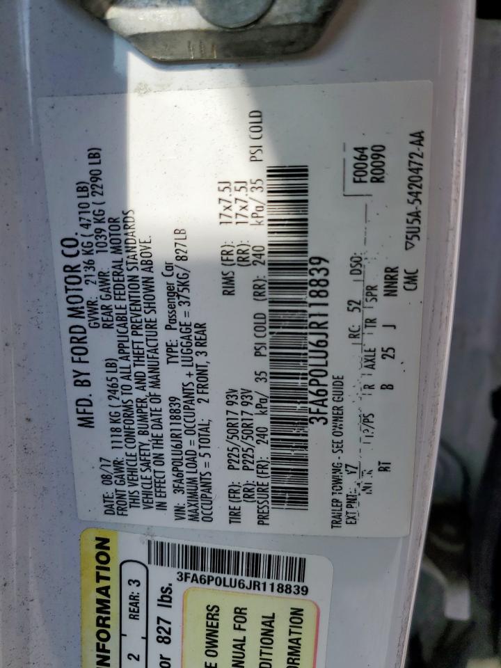 2018 Ford Fusion Se Hybrid VIN: 3FA6P0LU6JR118839 Lot: 54034995
