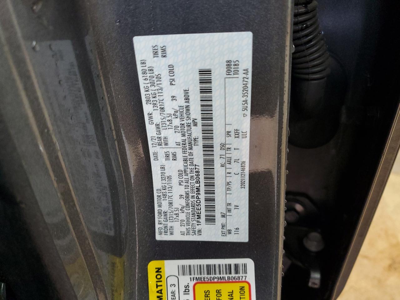 2021 Ford Bronco Base VIN: 1FMEE5DP9MLB06877 Lot: 57254245