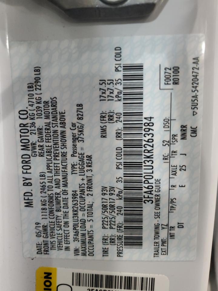 2019 Ford Fusion Se VIN: 3FA6P0LU3KR263984 Lot: 54033345