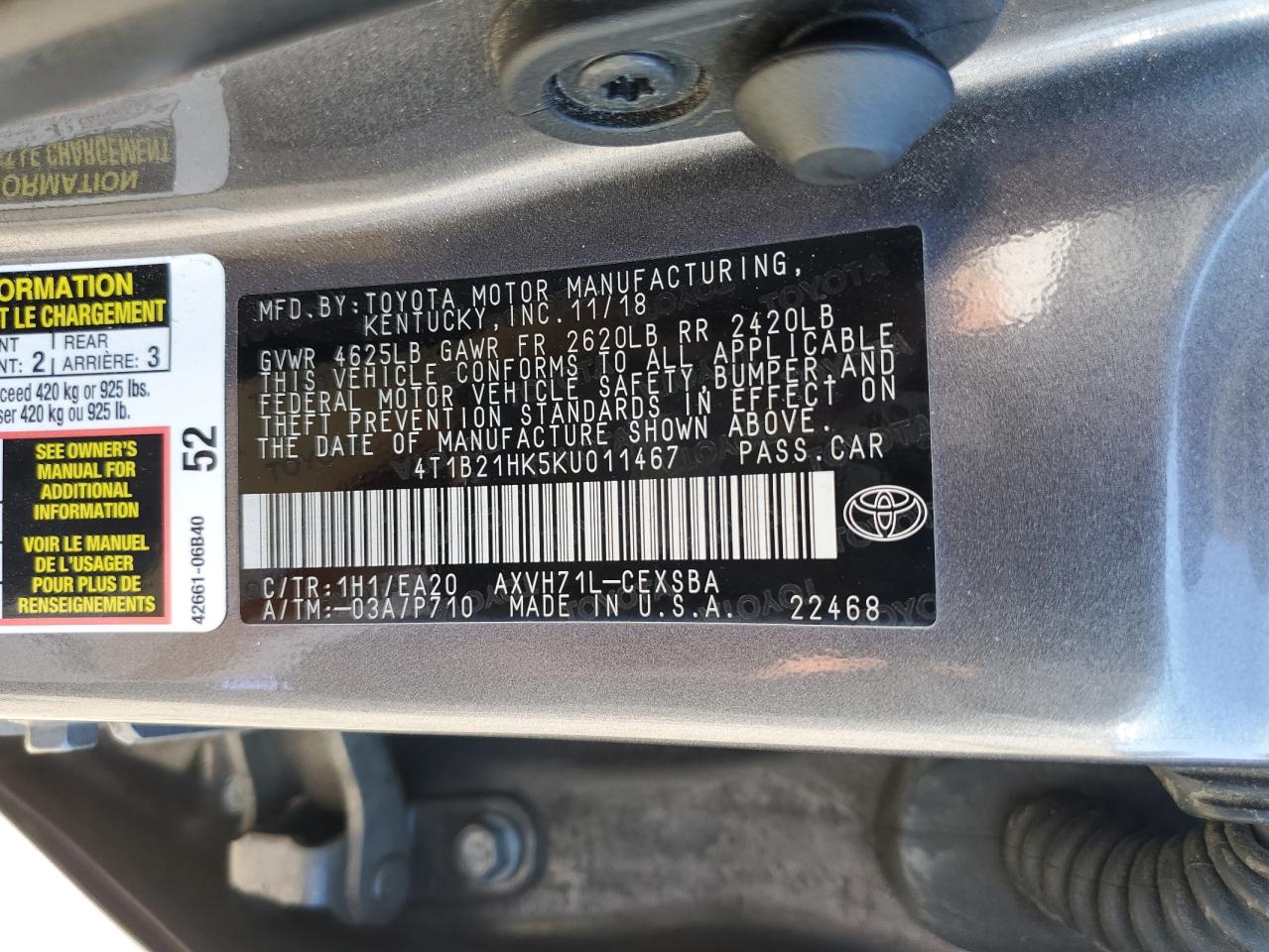 2019 Toyota Camry Hybrid VIN: 4T1B21HK5KU011467 Lot: 56755625
