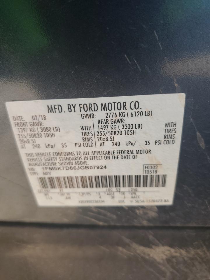 2018 Ford Explorer Xlt VIN: 1FM5K7D86JGB07924 Lot: 56415575