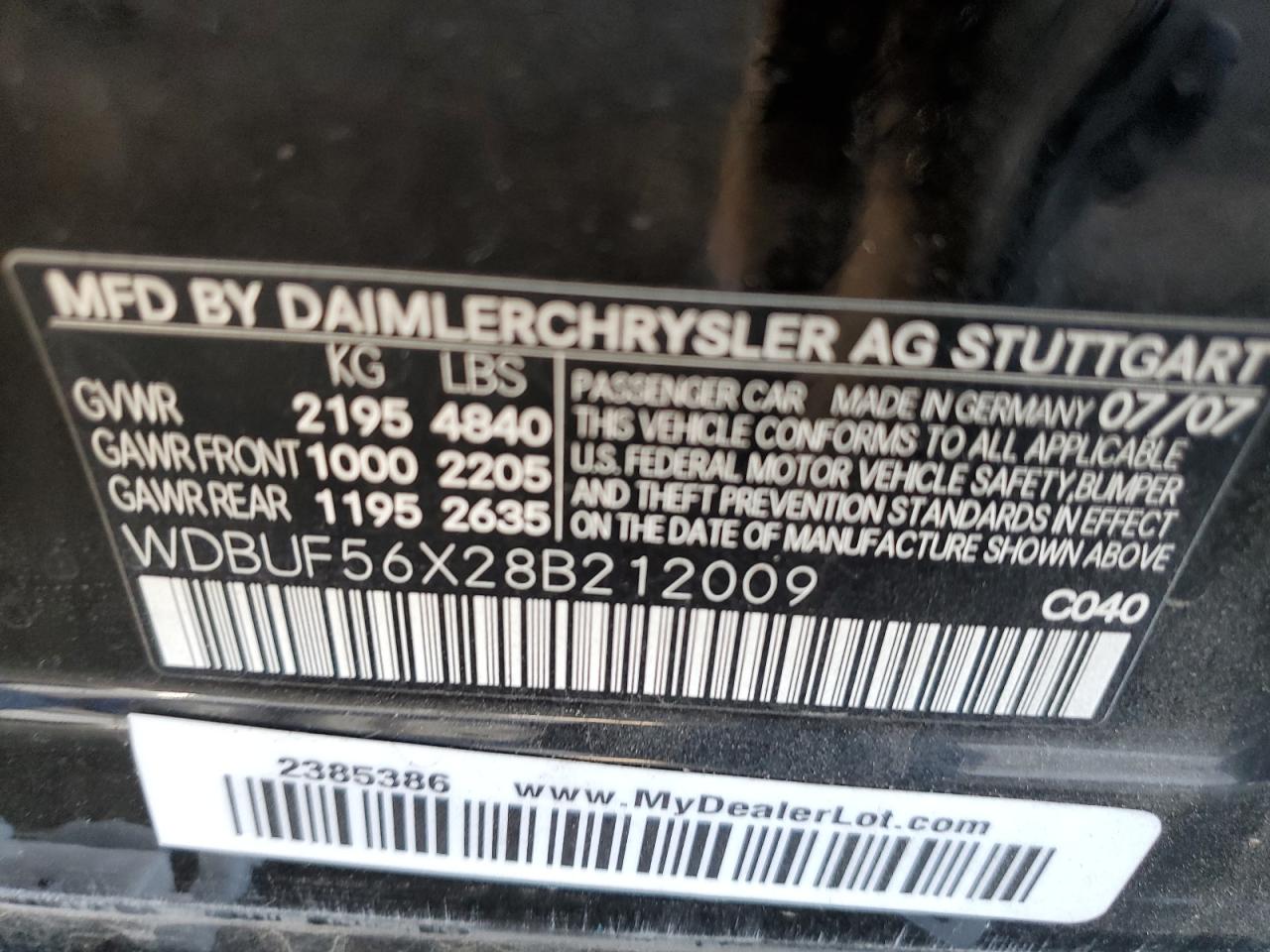 2008 Mercedes-Benz E 350 VIN: WDBUF56X28B212009 Lot: 56763985