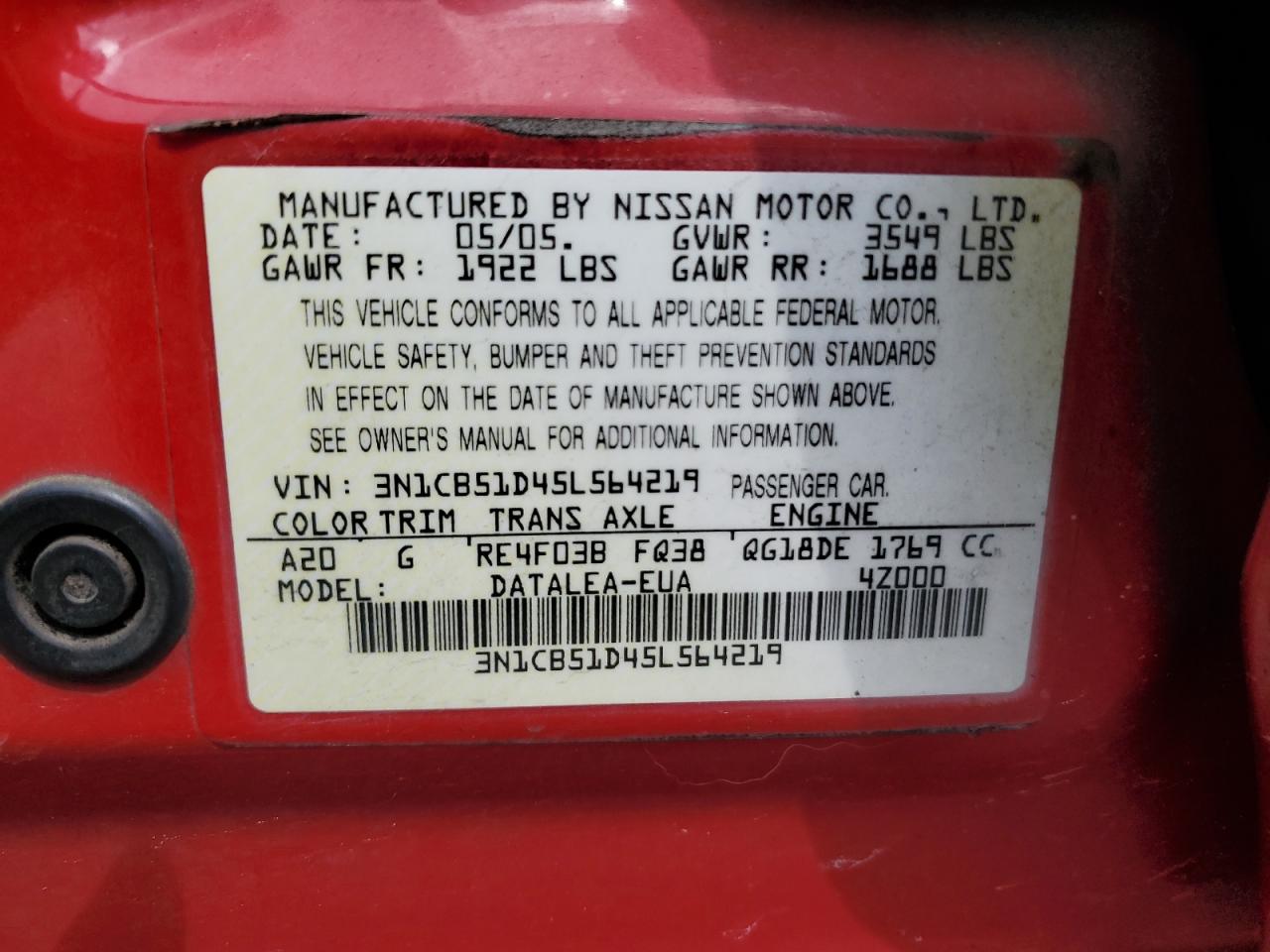 2005 Nissan Sentra 1.8 VIN: 3N1CB51D45L564219 Lot: 56719675