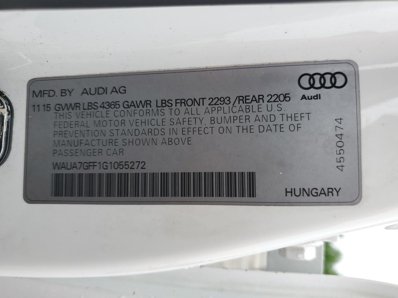 2016 Audi A3 Premium VIN: WAUA7GFF1G1055272 Lot: 56654585