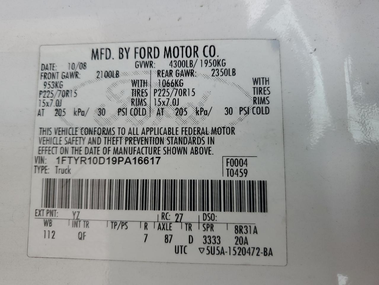 2009 Ford Ranger VIN: 1FTYR10D19PA16617 Lot: 56700525
