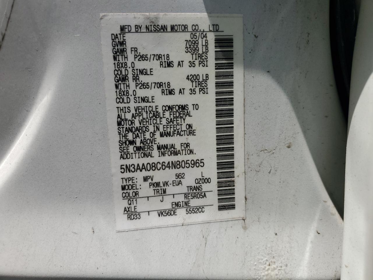 2004 Infiniti Qx56 VIN: 5N3AA08C64N805965 Lot: 56421915