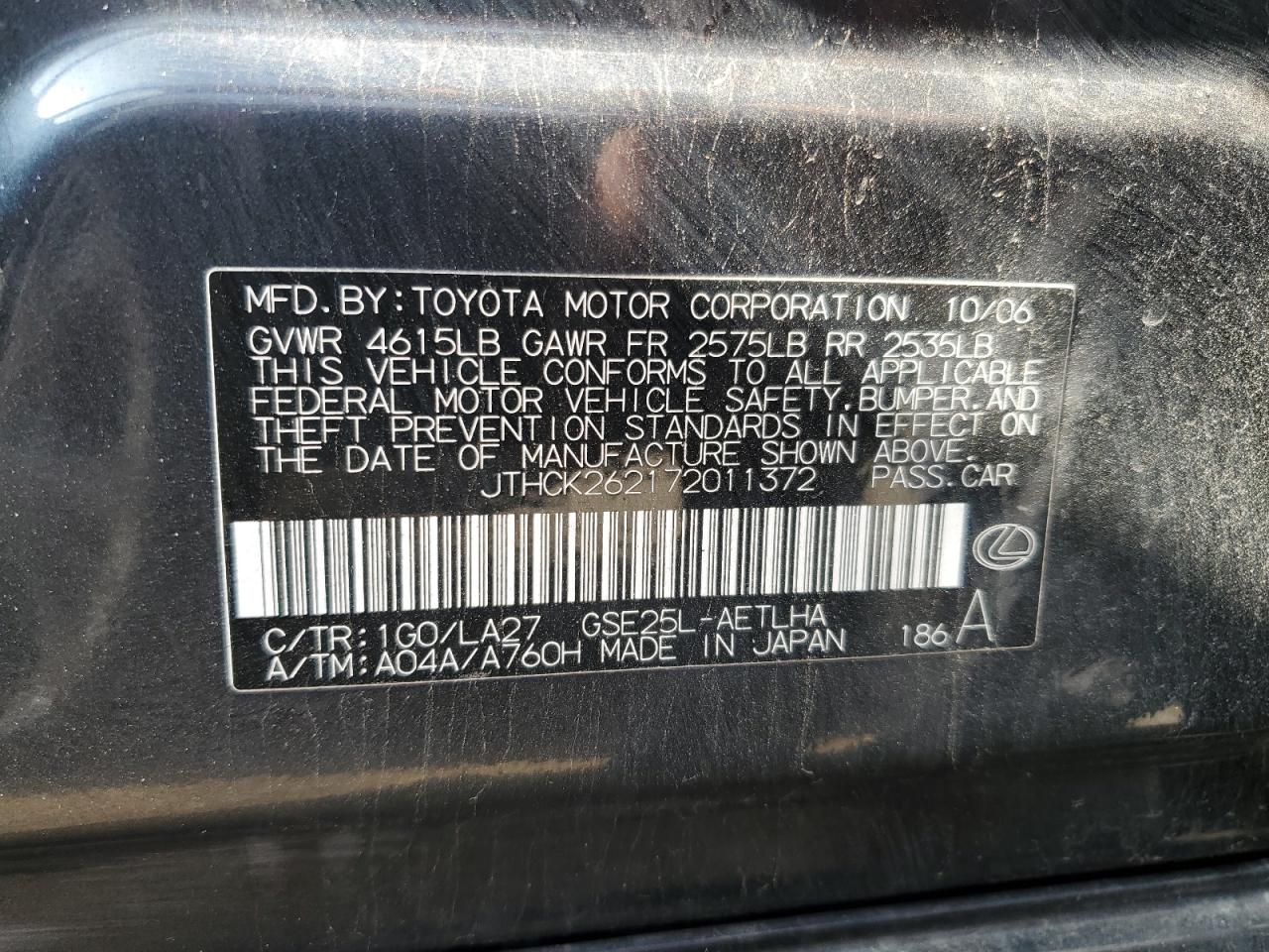 2007 Lexus Is 250 VIN: JTHCK262172011372 Lot: 56747705