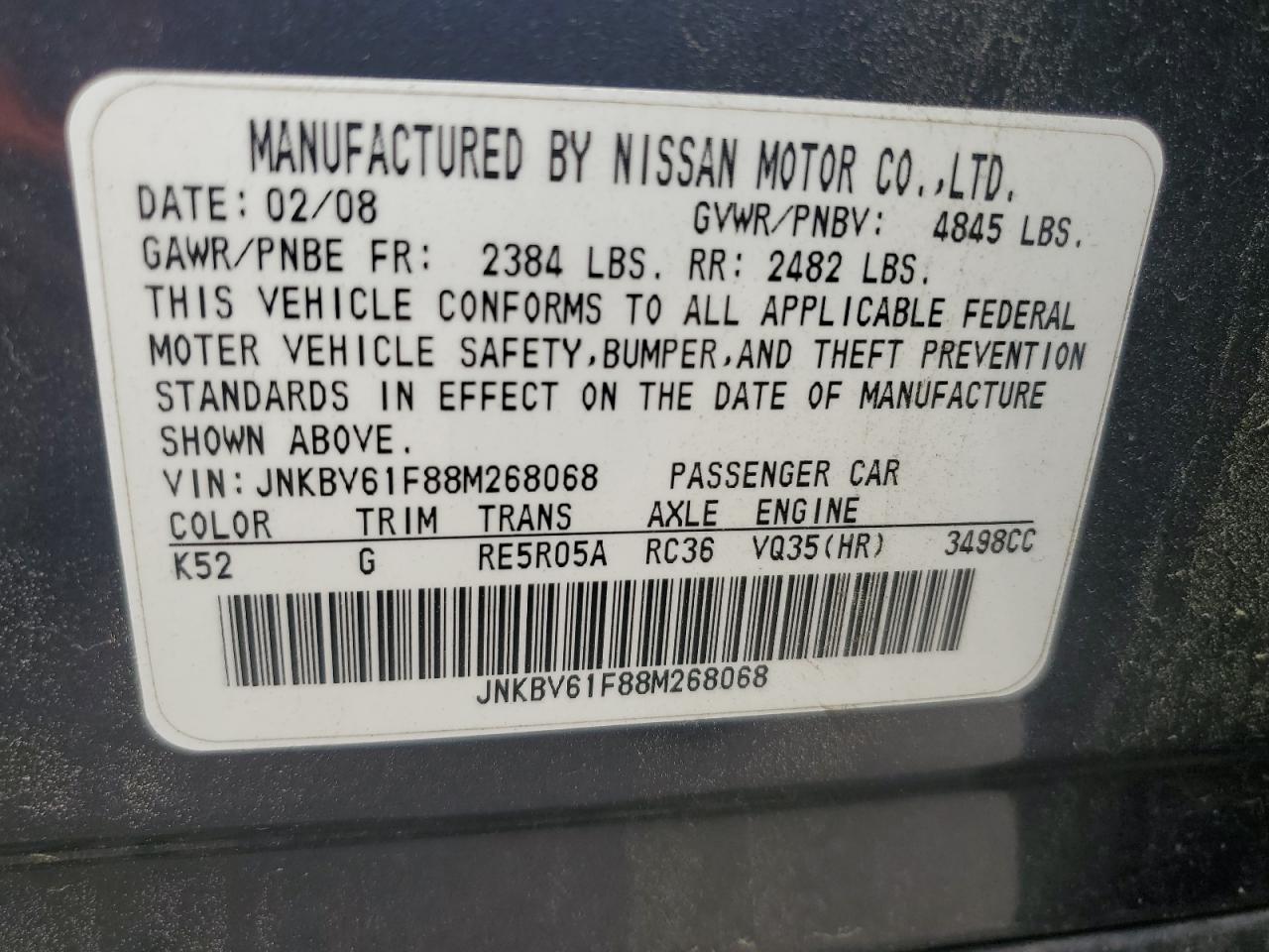 2008 Infiniti G35 VIN: JNKBV61F88M268068 Lot: 56120115