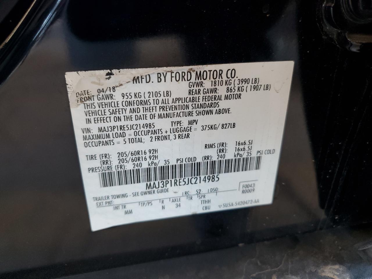 2018 Ford Ecosport S VIN: MAJ3P1RE5JC214985 Lot: 57464675