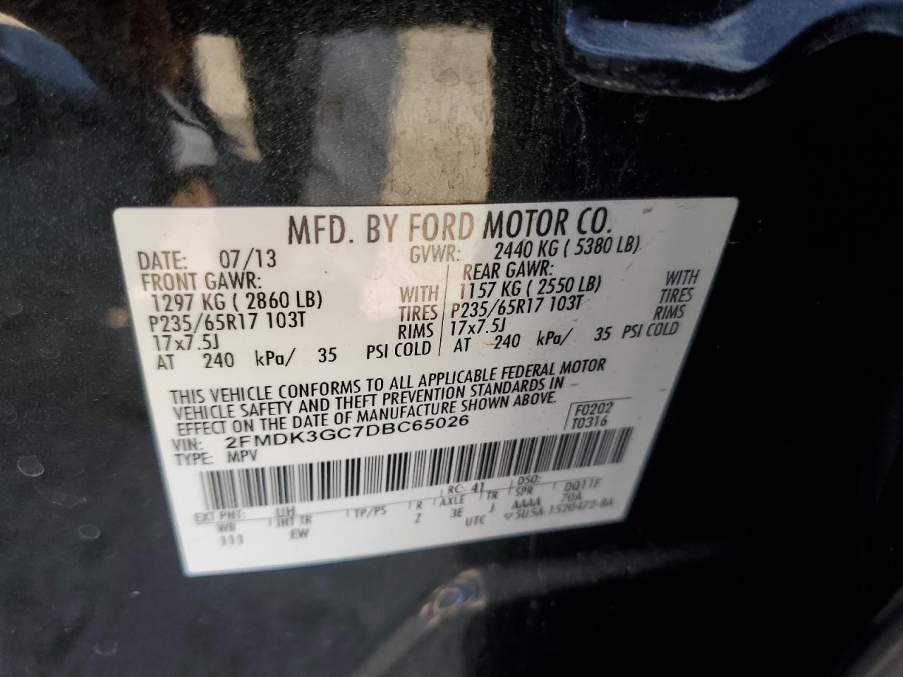 2013 Ford Edge Se VIN: 2FMDK3GC7DBC65026 Lot: 56867675