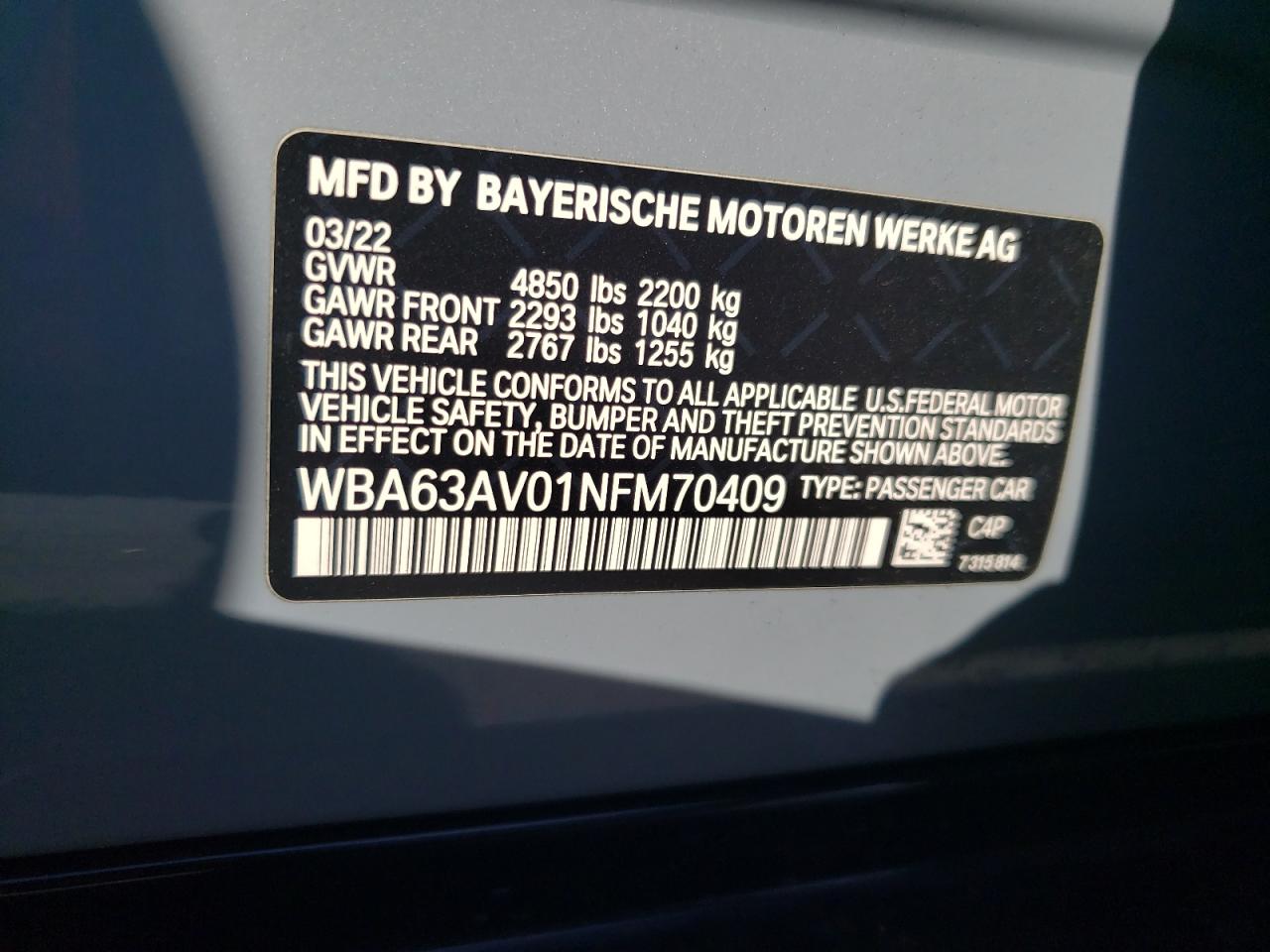 2022 BMW 430I Gran Coupe VIN: WBA63AV01NFM70409 Lot: 55944335