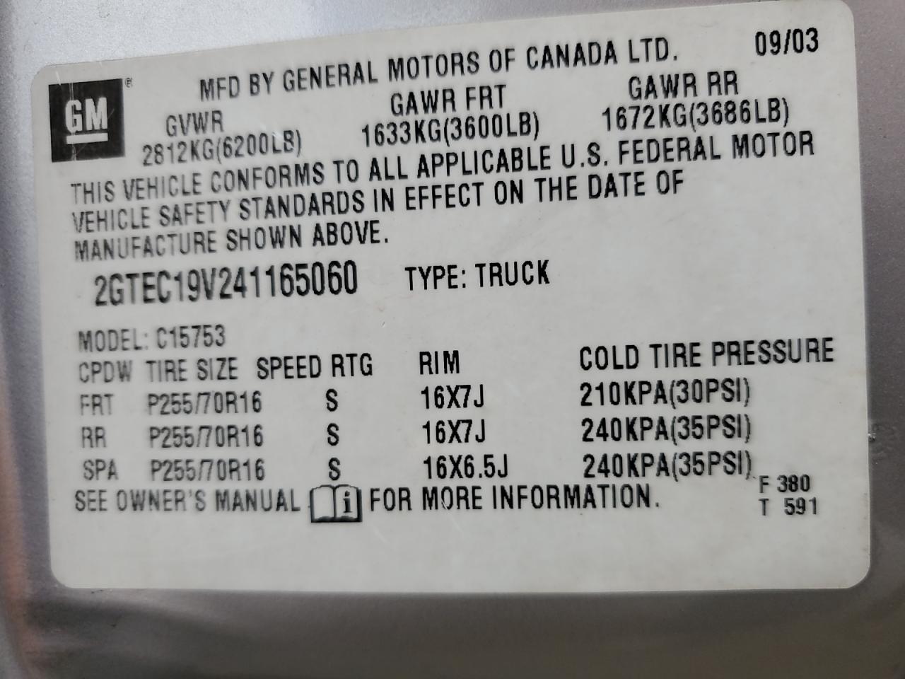 2004 GMC New Sierra C1500 VIN: 2GTEC19V241165060 Lot: 57453075
