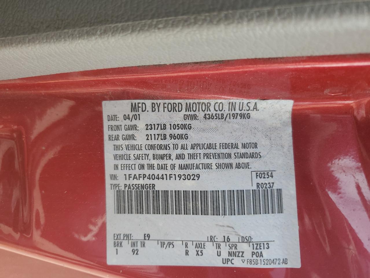 2001 Ford Mustang VIN: 1FAFP40441F193029 Lot: 57915155