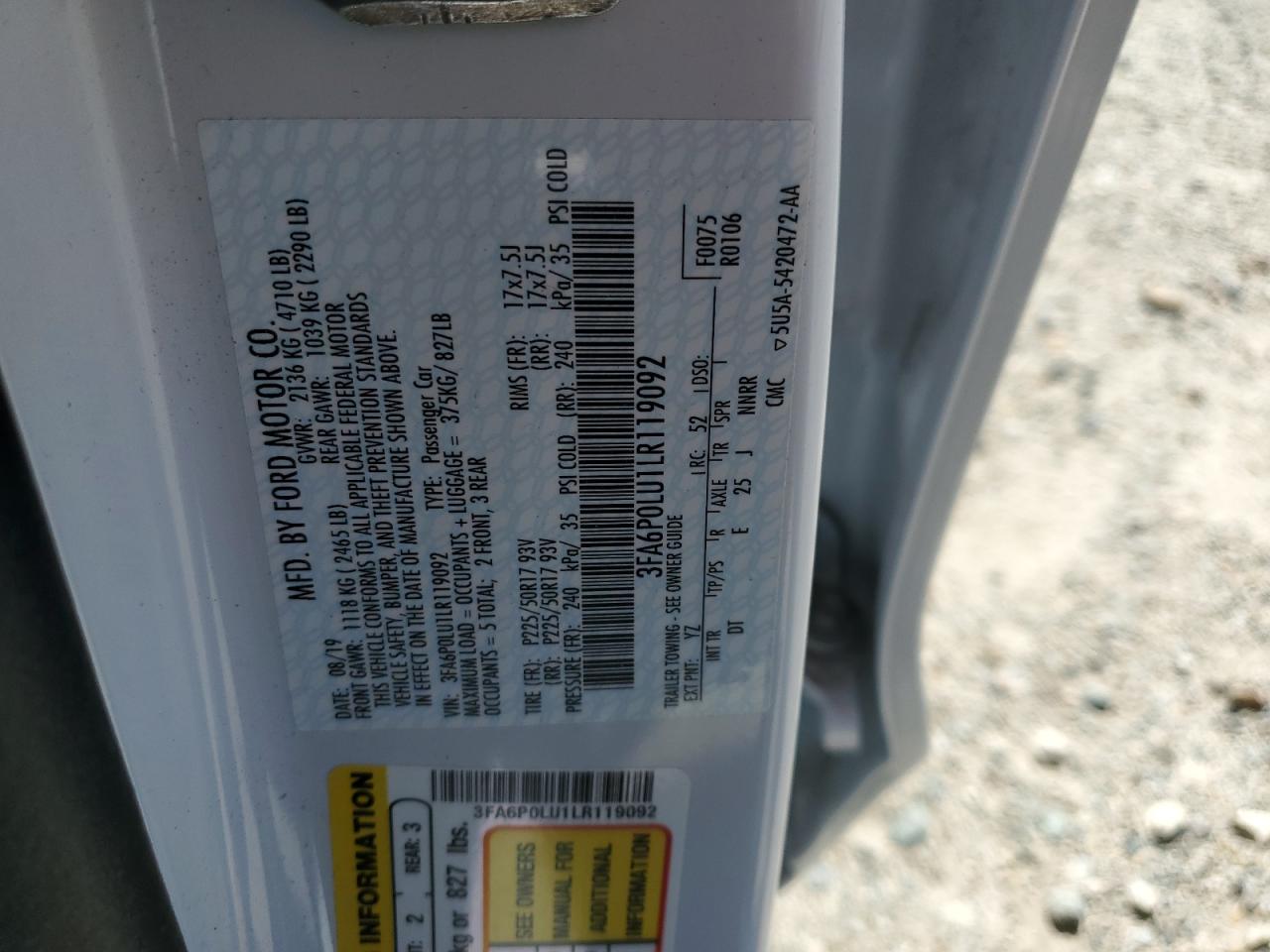 2020 Ford Fusion Se VIN: 3FA6P0LU1LR119092 Lot: 57159555