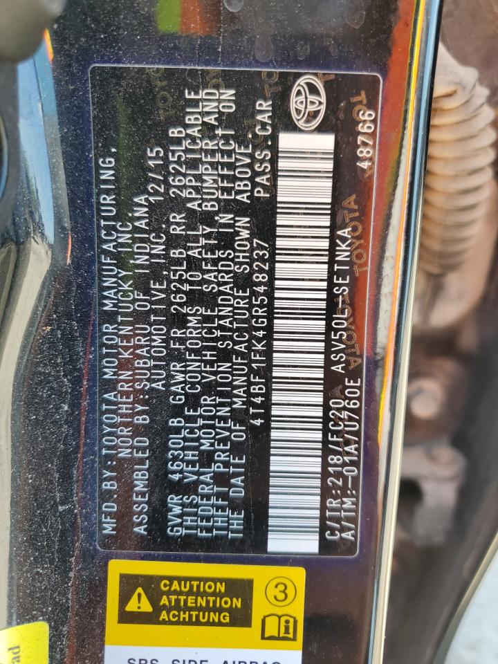 2016 Toyota Camry Le VIN: 4T4BF1FK4GR548237 Lot: 55264695