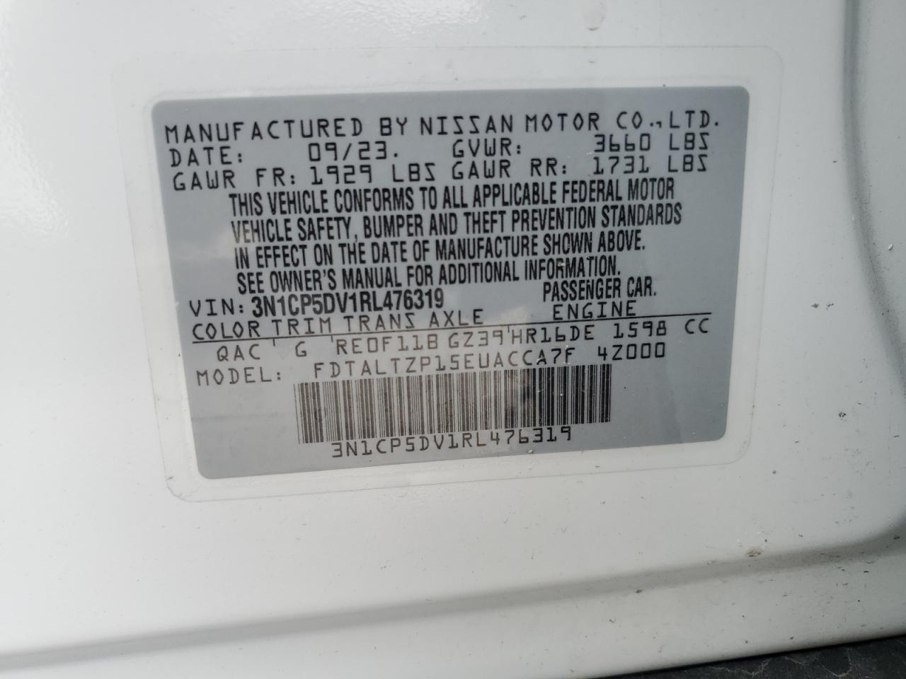 2024 Nissan Kicks Sr VIN: 3N1CP5DV1RL476319 Lot: 56823705