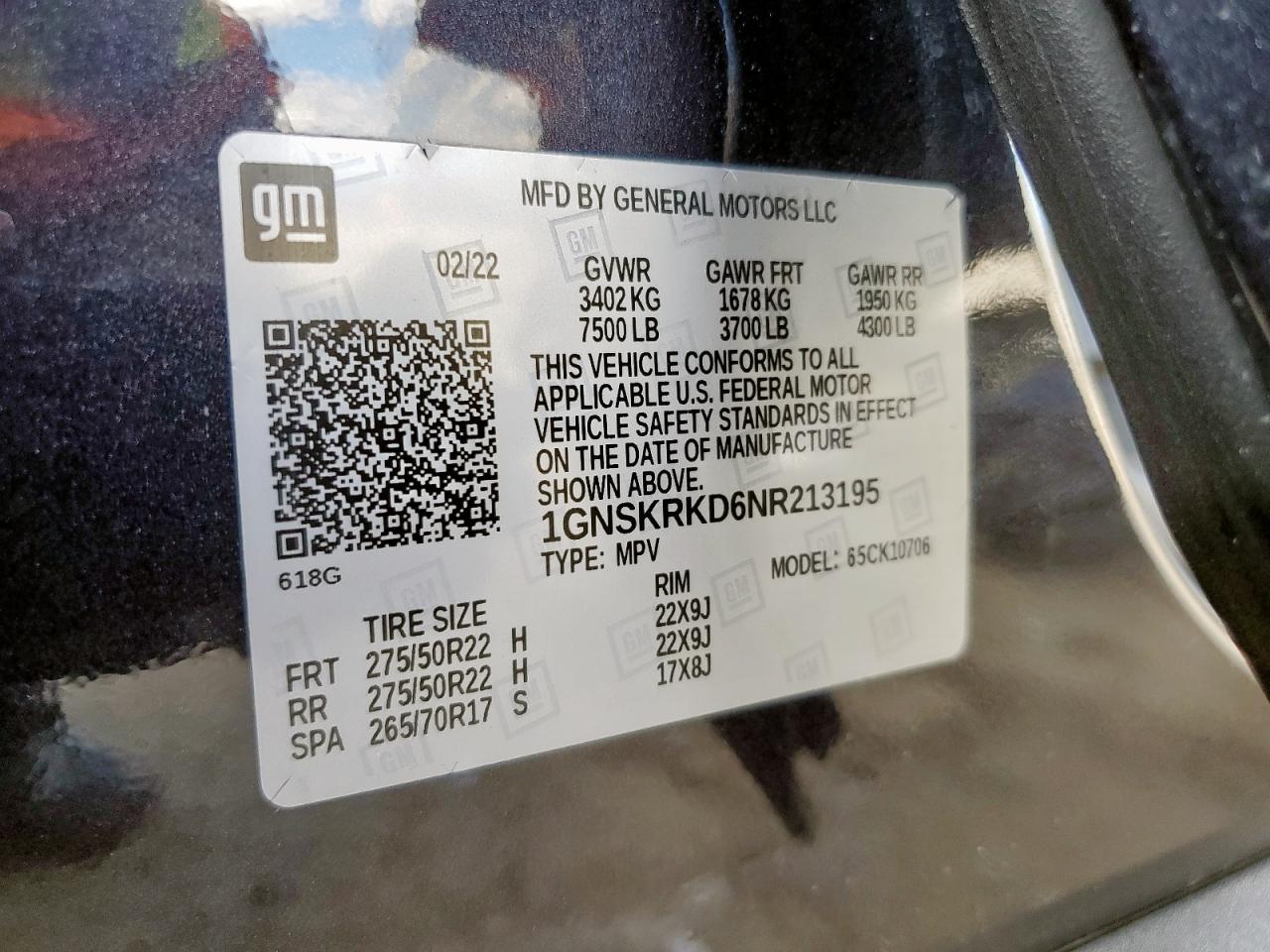 2022 Chevrolet Tahoe K1500 Rst VIN: 1GNSKRKD6NR213195 Lot: 56063615