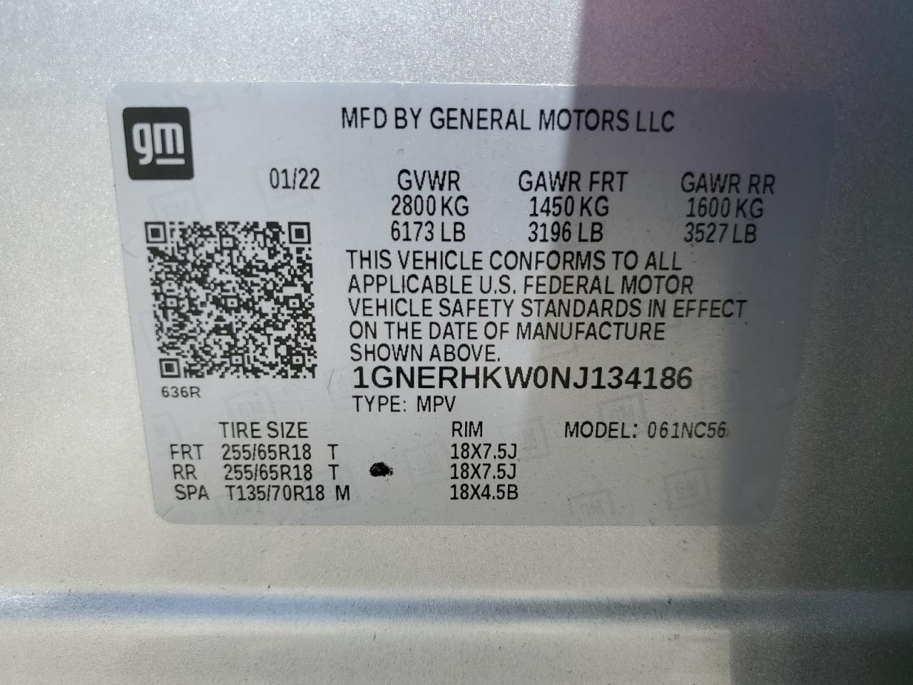 2022 Chevrolet Traverse Lt VIN: 1GNERHKW0NJ134186 Lot: 56907195