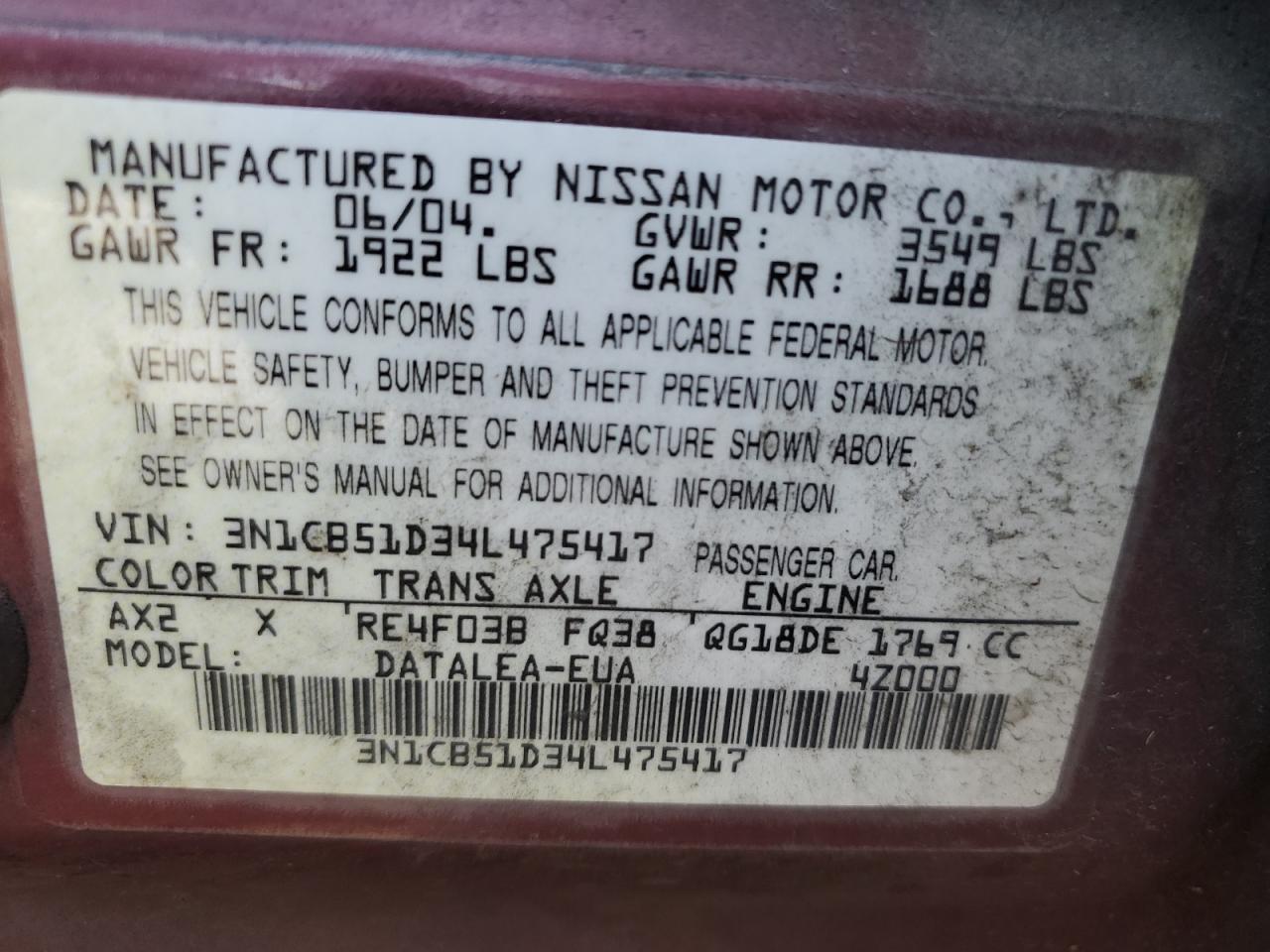 2004 Nissan Sentra 1.8 VIN: 3N1CB51D34L475417 Lot: 56534395