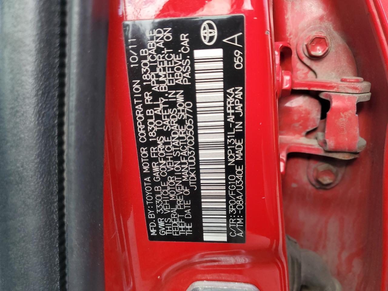 2012 Toyota Yaris VIN: JTDKTUD37CD505770 Lot: 56798455