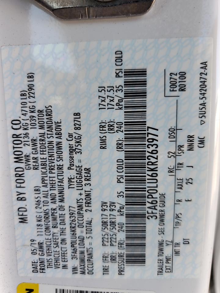 2019 Ford Fusion Se VIN: 3FA6P0LU6KR263977 Lot: 57159405