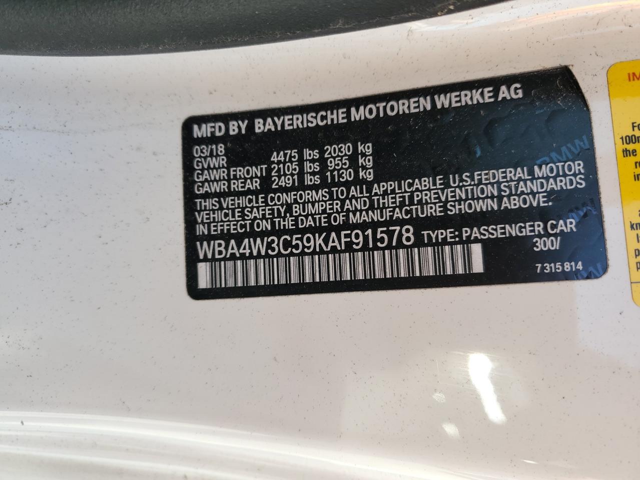 2019 BMW 430I VIN: WBA4W3C59KAF91578 Lot: 55594595