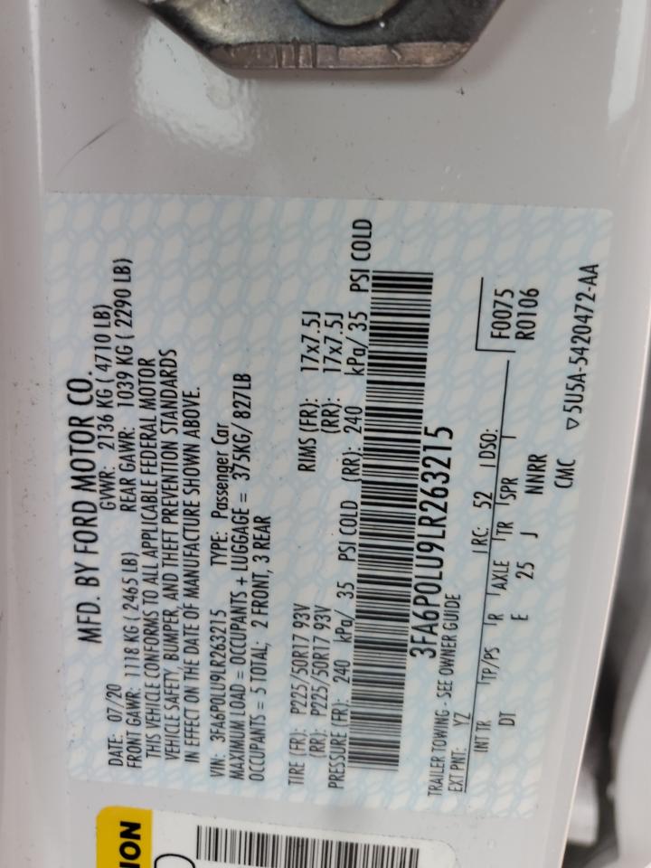 2020 Ford Fusion Se VIN: 3FA6P0LU9LR263215 Lot: 55386675