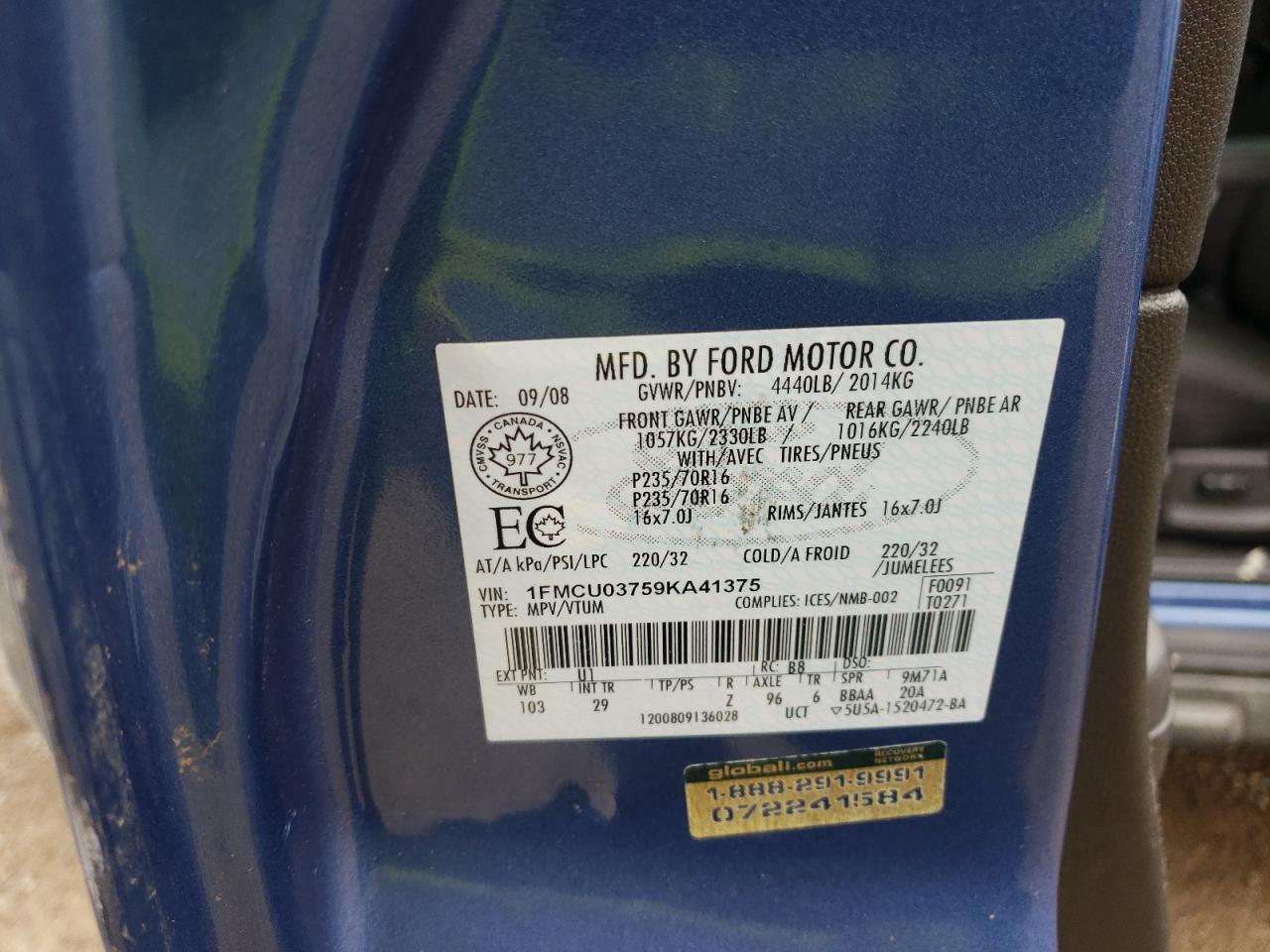 2009 Ford Escape Xlt VIN: 1FMCU03759KA41375 Lot: 58133255