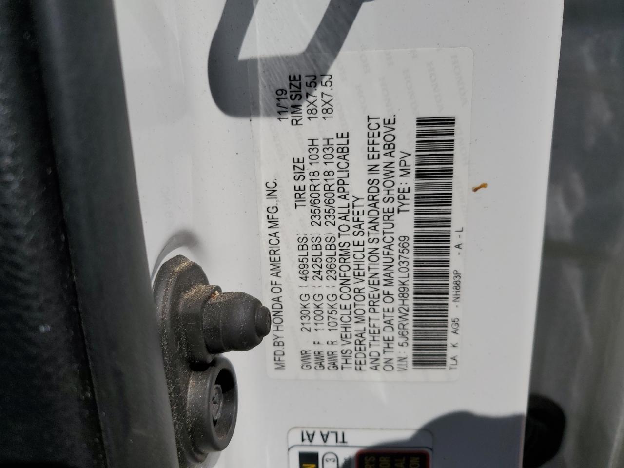 2019 Honda Cr-V Exl VIN: 5J6RW2H89KL037569 Lot: 56424855