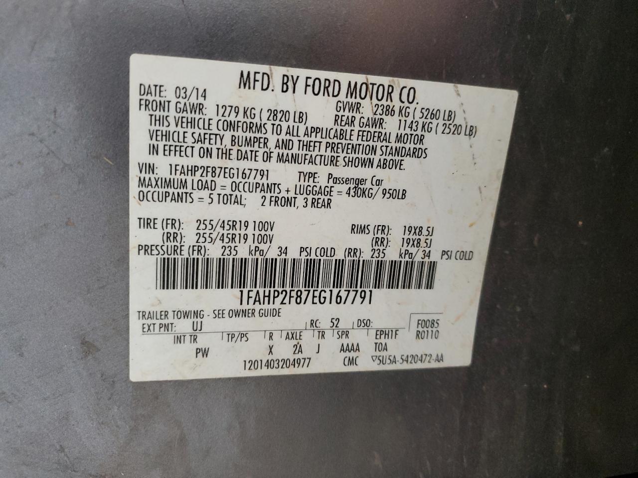 2014 Ford Taurus Limited VIN: 1FAHP2F87EG167791 Lot: 56660545