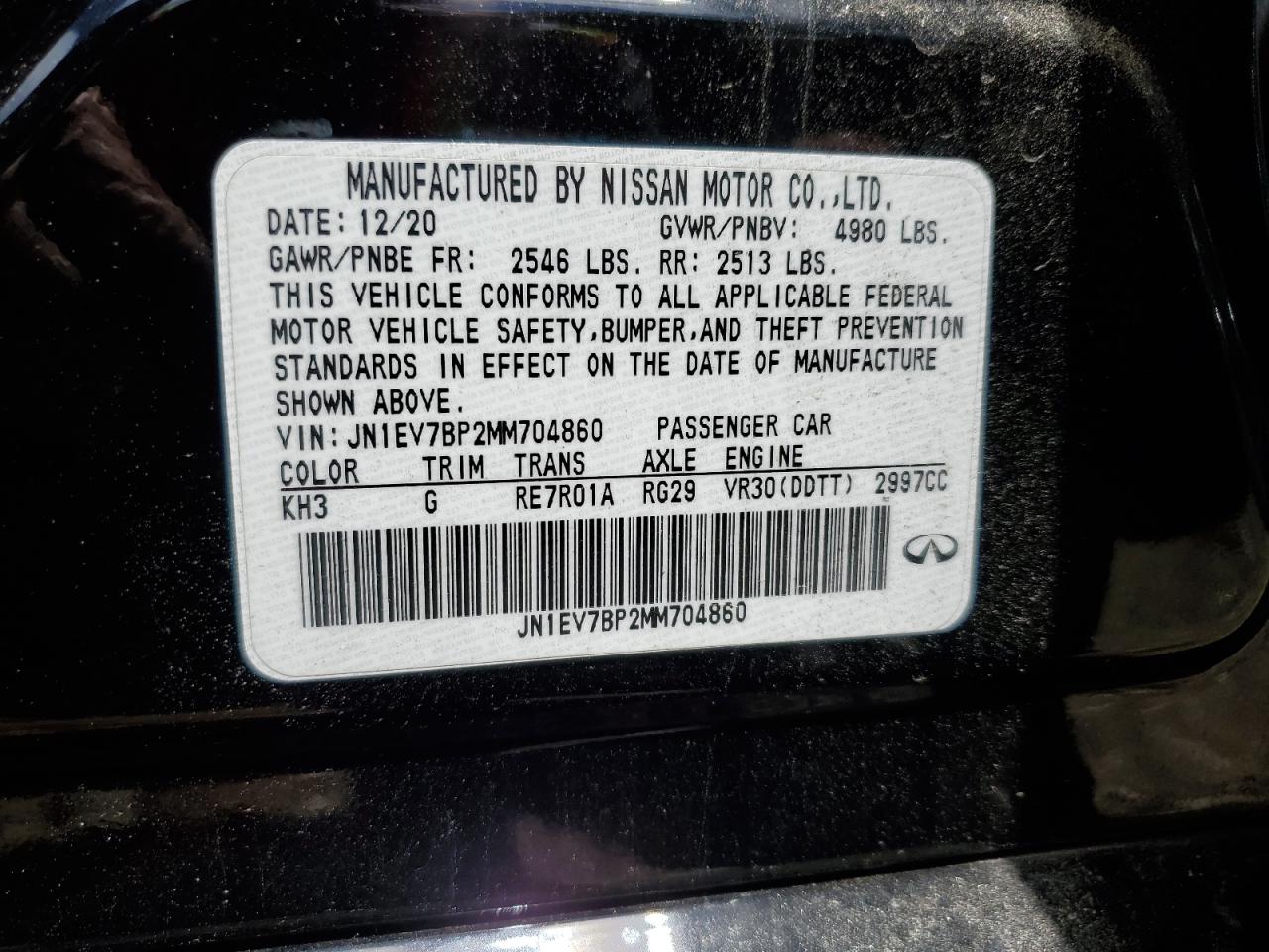 2021 Infiniti Q50 Luxe VIN: JN1EV7BP2MM704860 Lot: 56567875