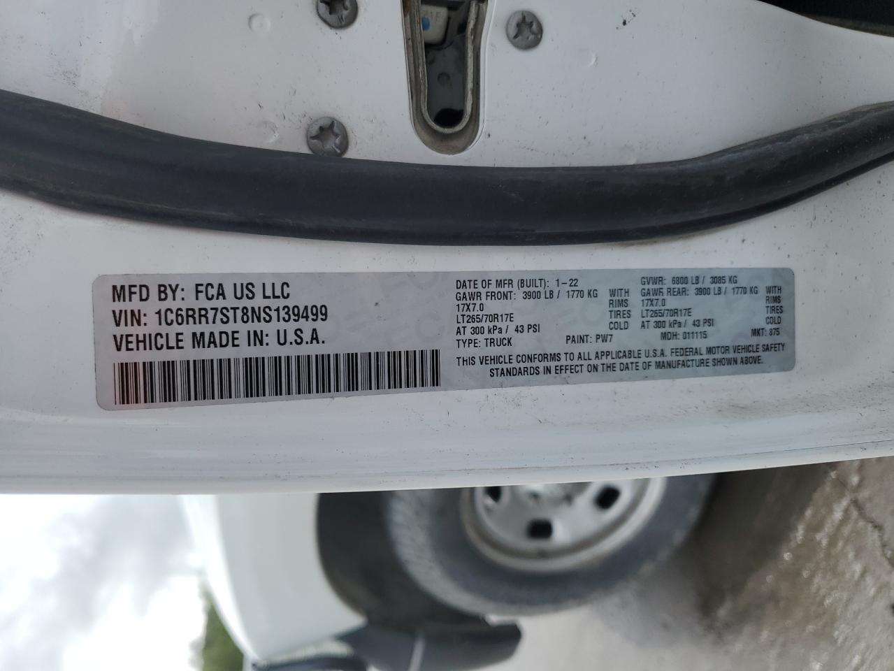 2022 Ram 1500 Classic Tradesman VIN: 1C6RR7ST8NS139499 Lot: 55993165