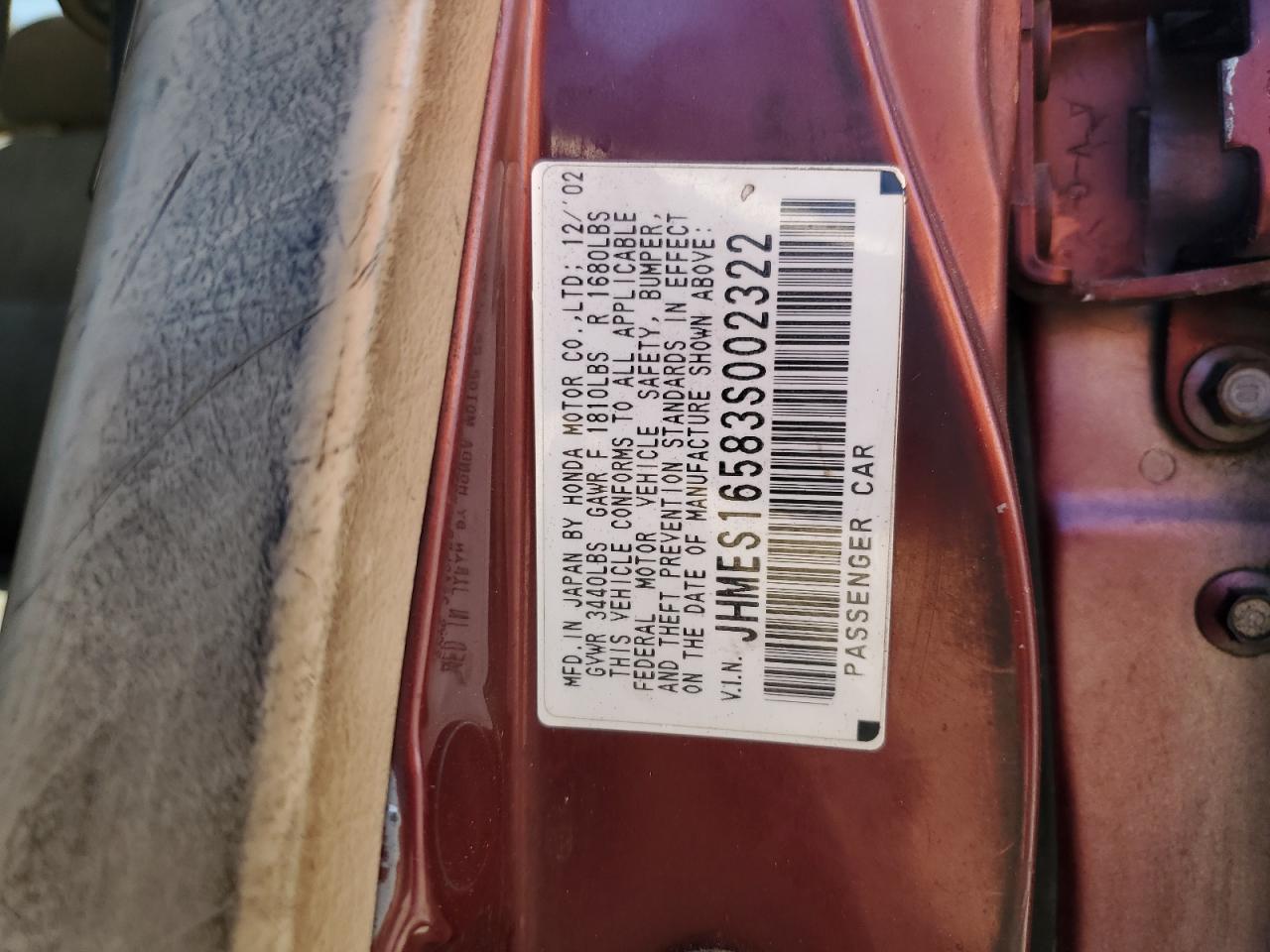 2003 Honda Civic Lx VIN: JHMES16583S002322 Lot: 56728115