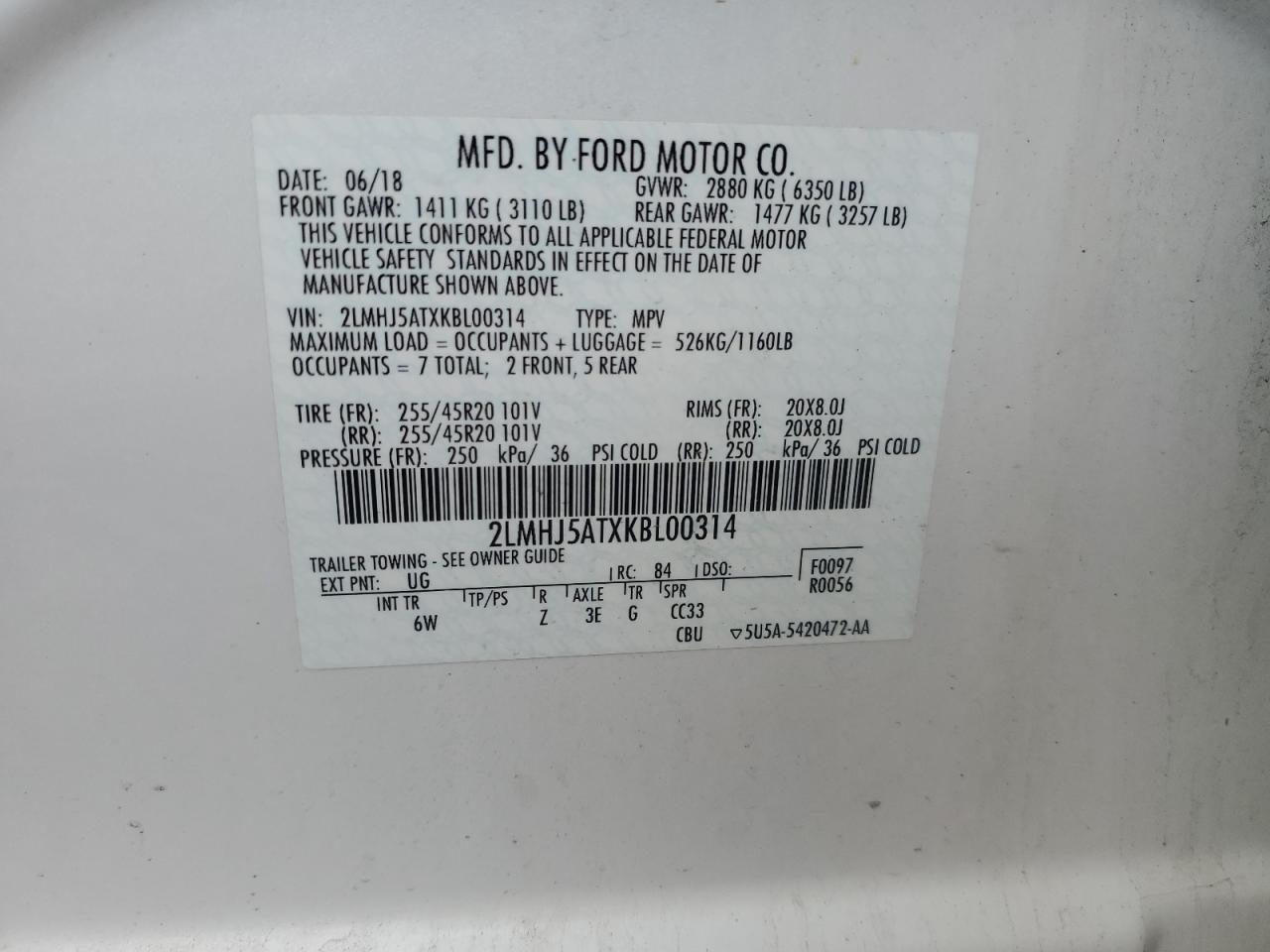 2019 Lincoln Mkt VIN: 2LMHJ5ATXKBL00314 Lot: 56329205