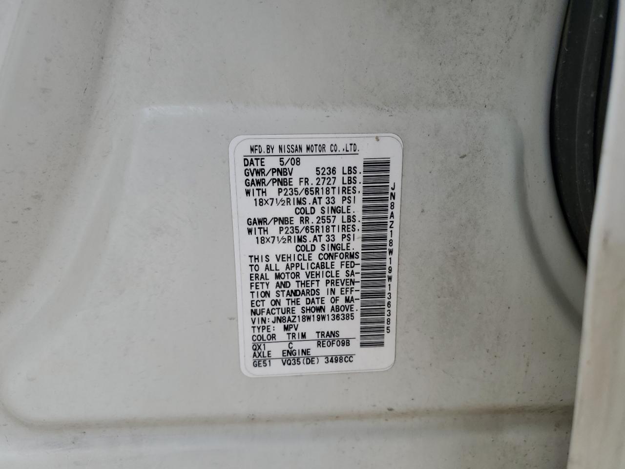 2009 Nissan Murano S VIN: JN8AZ18W19W136385 Lot: 55720645