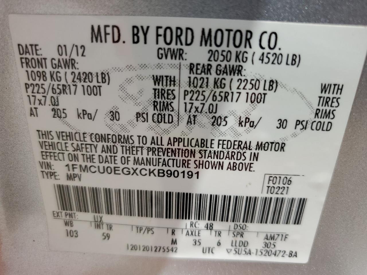 2012 Ford Escape Limited VIN: 1FMCU0EGXCKB90191 Lot: 56600445