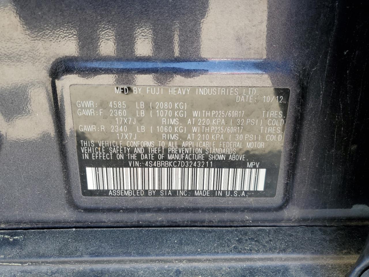 2013 Subaru Outback 2.5I Limited VIN: 4S4BRBKC7D3243211 Lot: 55435305