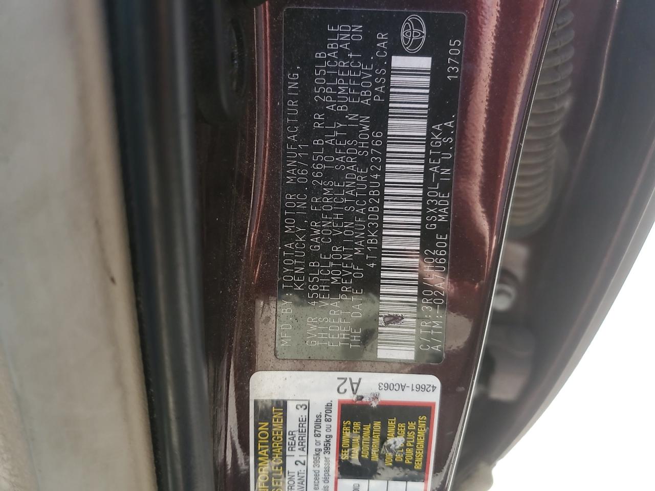 2011 Toyota Avalon Base VIN: 4T1BK3DB2BU423766 Lot: 55286865