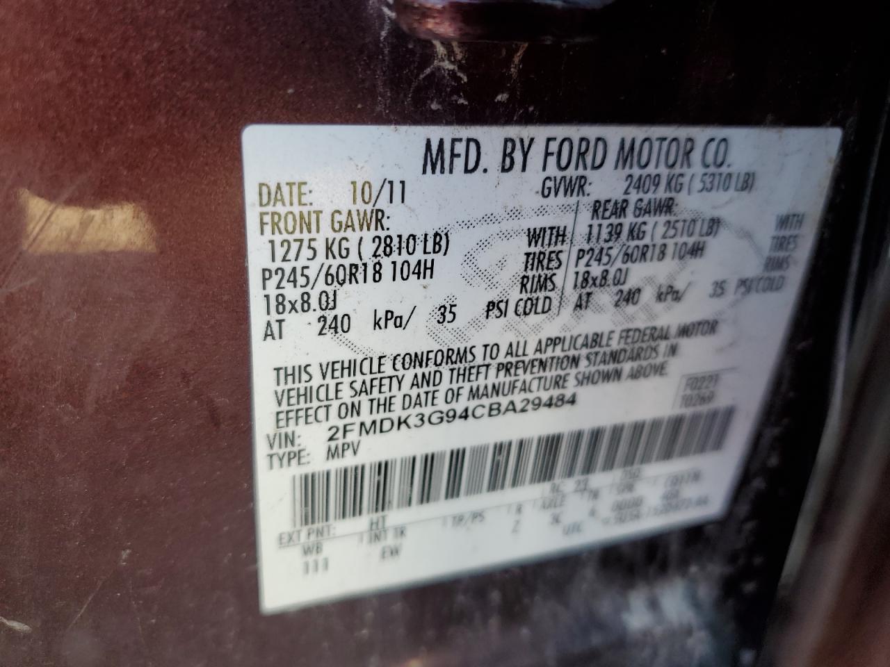 2012 Ford Edge Se VIN: 2FMDK3G94CBA29484 Lot: 60613245