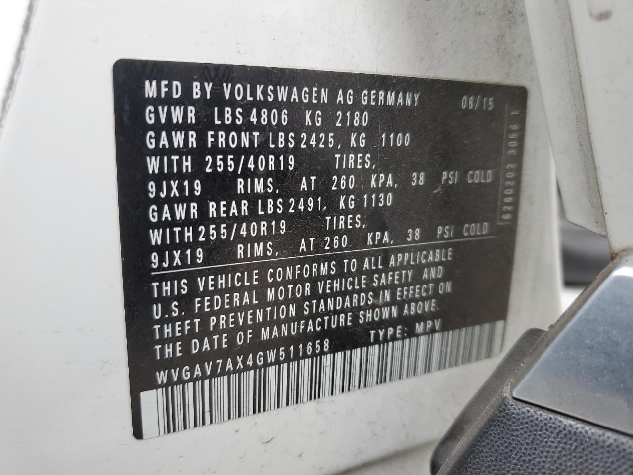 2016 Volkswagen Tiguan S VIN: WVGAV7AX4GW511658 Lot: 57421795