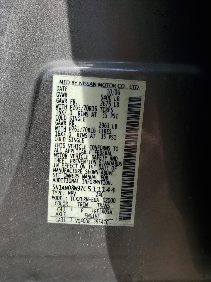 2007 Nissan Xterra Off Road VIN: 5N1AN08W97C511144 Lot: 56306145