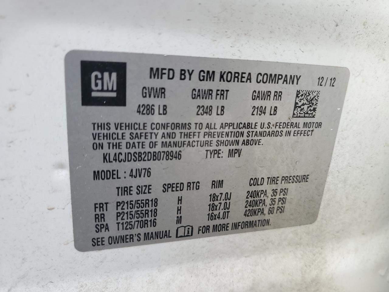 2013 Buick Encore Premium VIN: KL4CJDSB2DB078946 Lot: 57114665