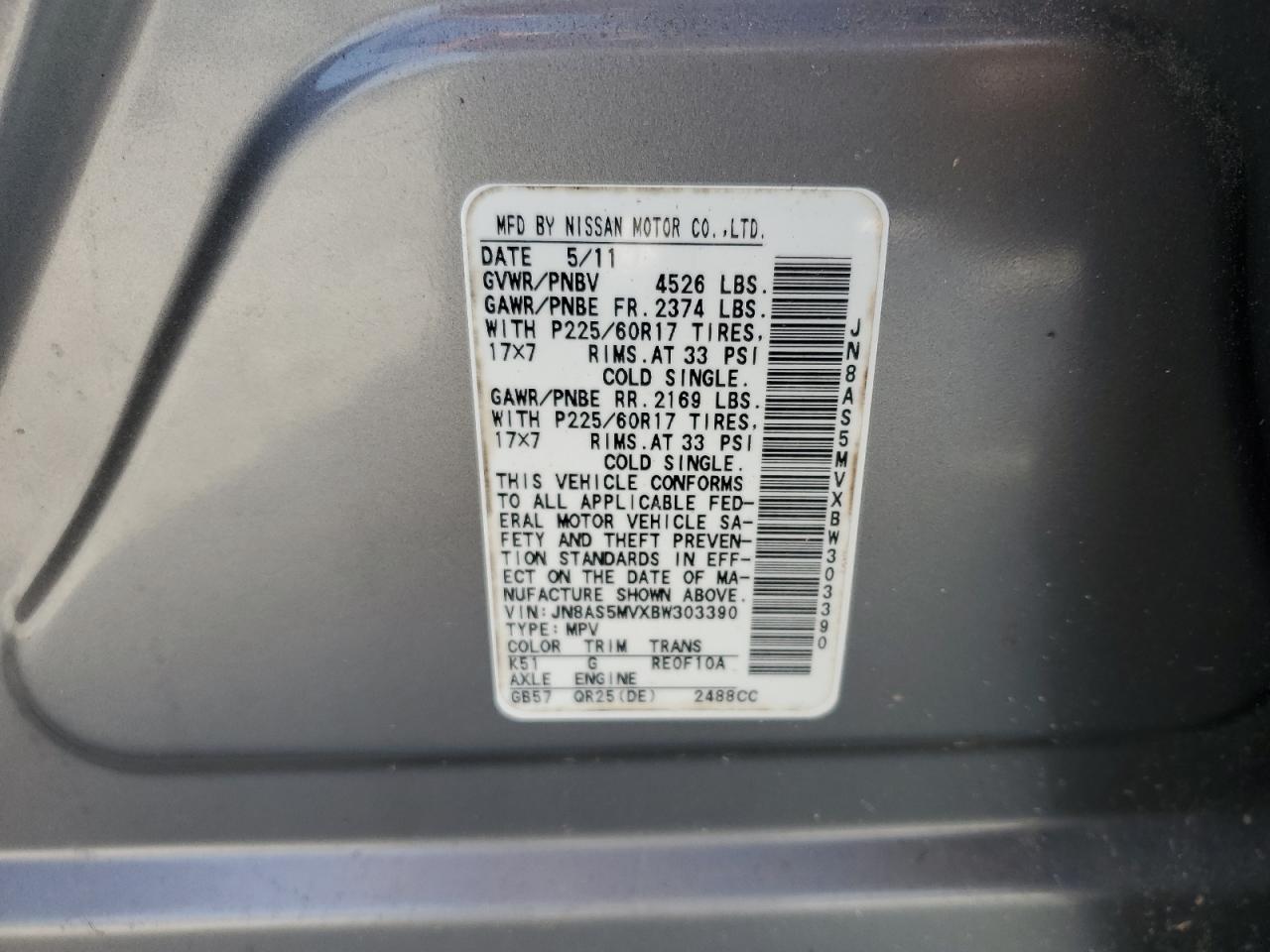 2011 Nissan Rogue S VIN: JN8AS5MV1BW293381 Lot: 57486385