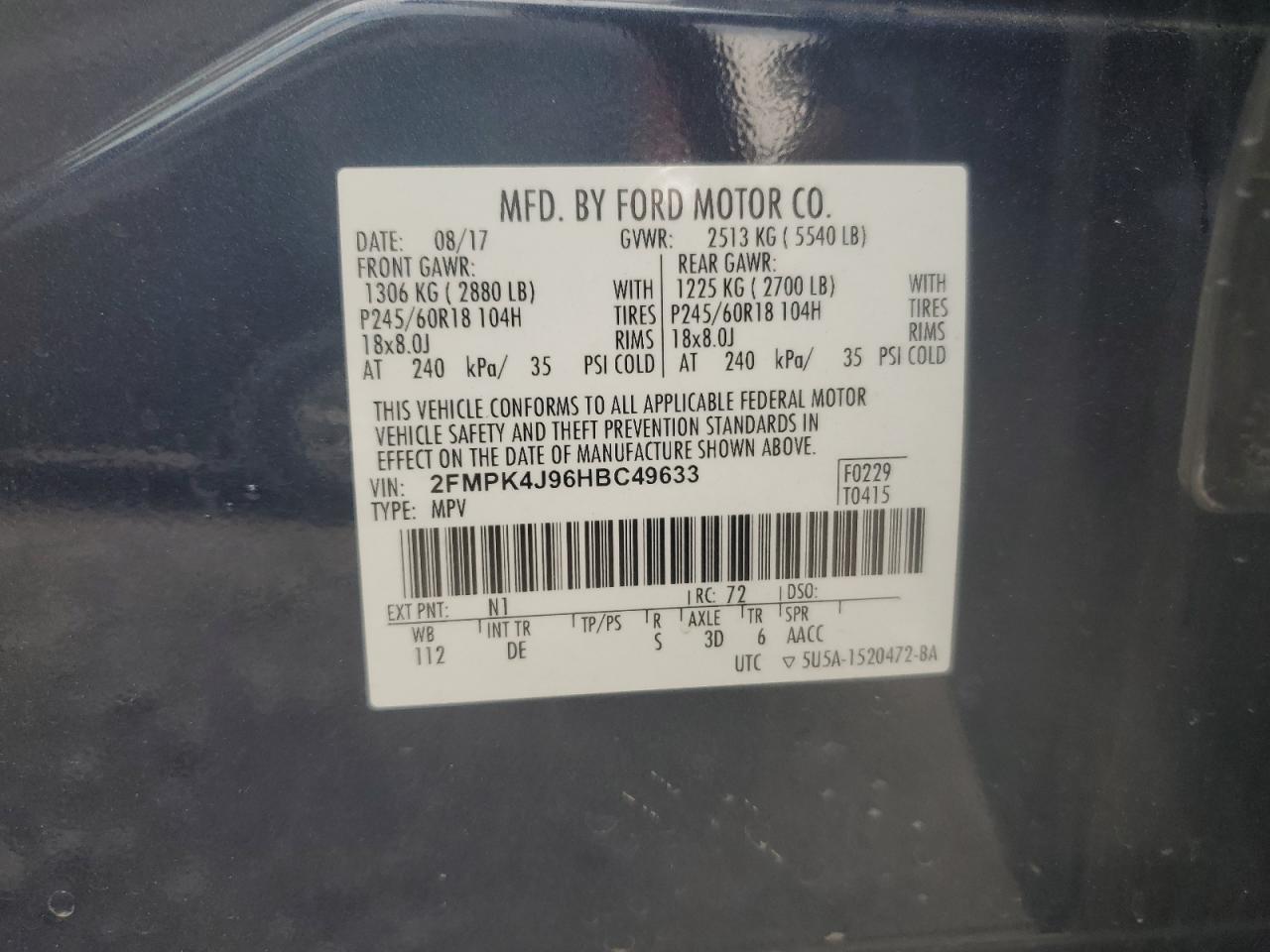 2017 Ford Edge Sel VIN: 2FMPK4J96HBC49633 Lot: 57080745