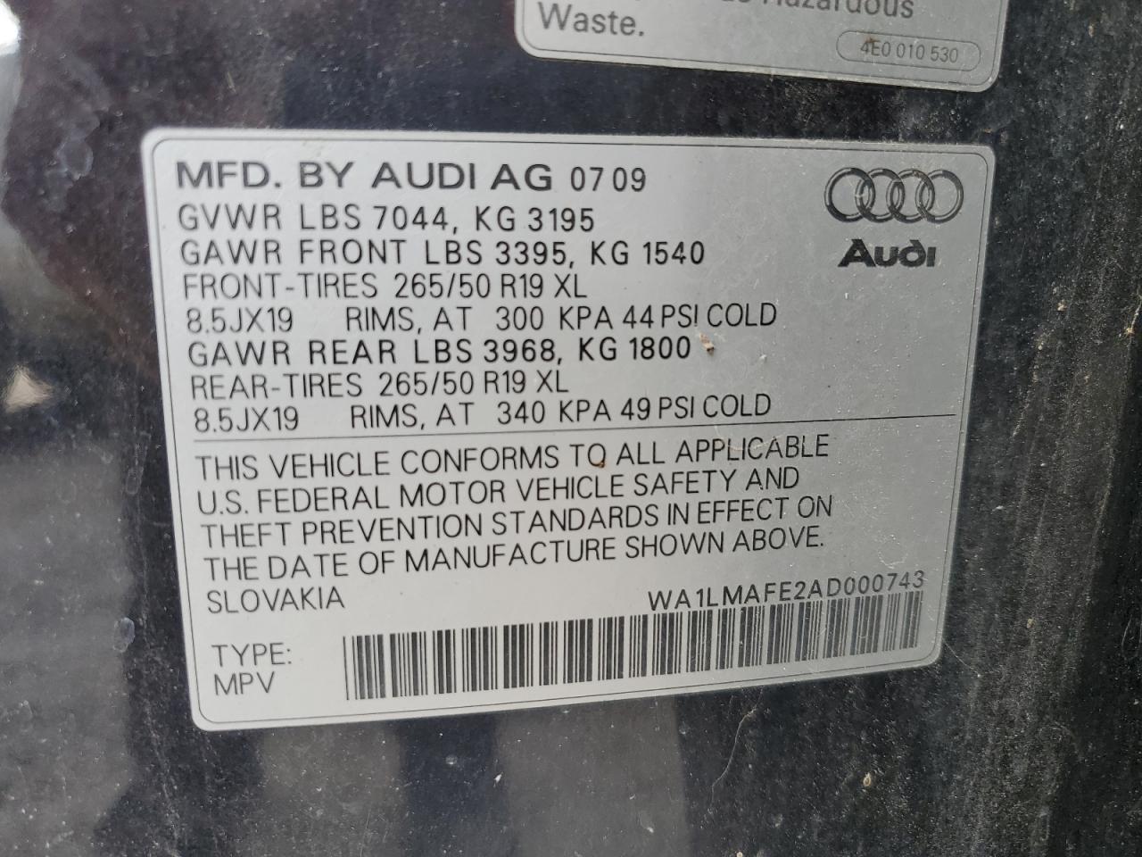 2010 Audi Q7 Premium Plus VIN: WA1LMAFE2AD000743 Lot: 56893185