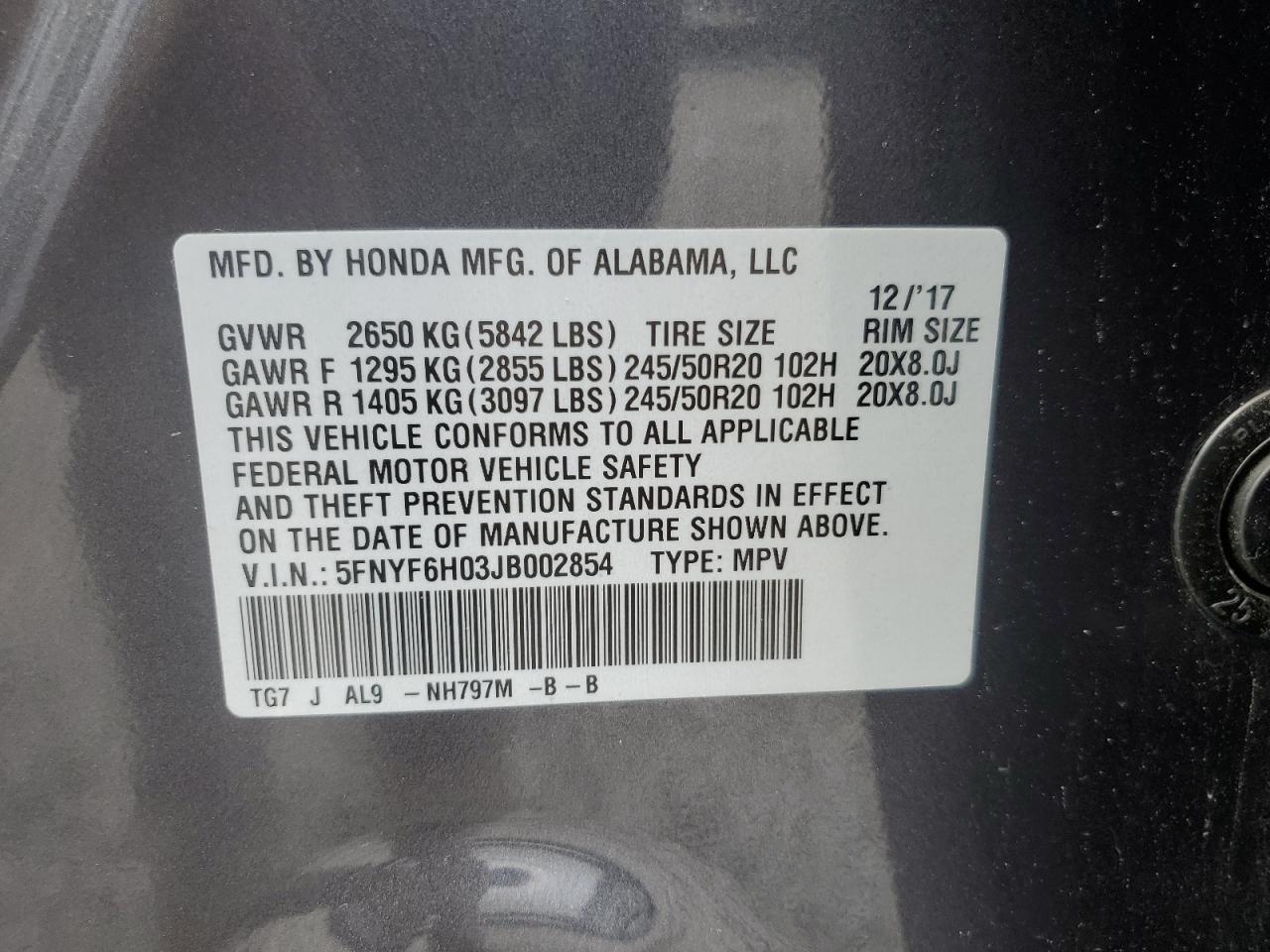 2018 Honda Pilot Elite VIN: 5FNYF6H03JB002854 Lot: 56702725