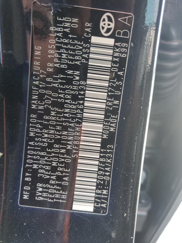 2017 Toyota Corolla L VIN: 5YFBURHE7HP641438 Lot: 59123745