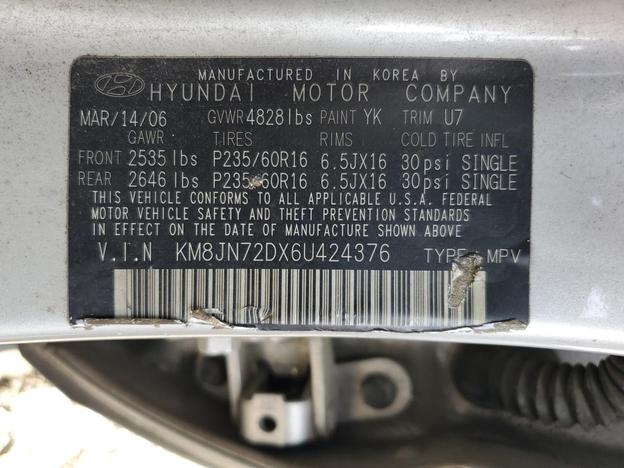 2006 Hyundai Tucson Gls VIN: KM8JN72DX6U424376 Lot: 56548195