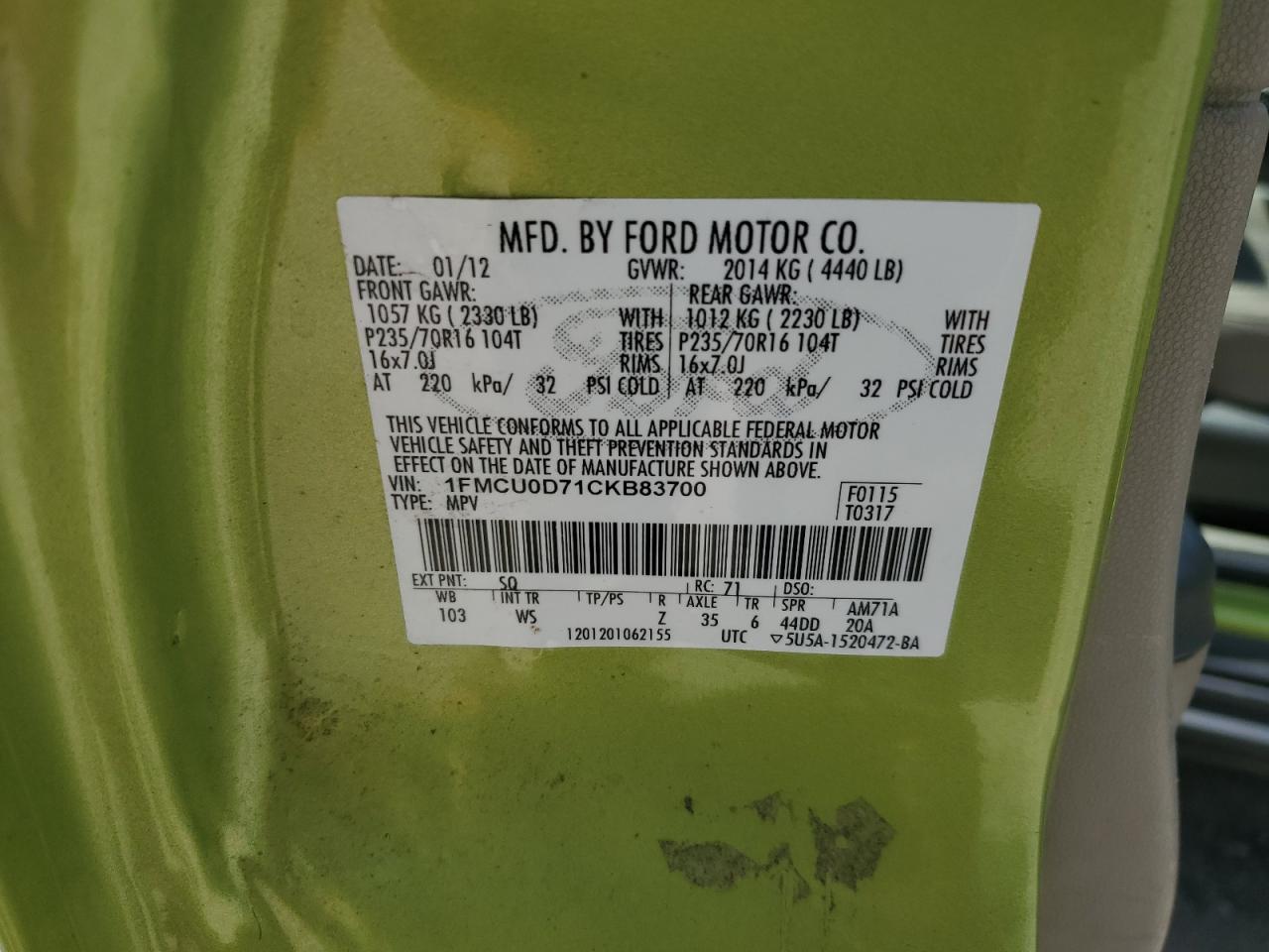 2012 Ford Escape Xlt VIN: 1FMCU0D71CKB83700 Lot: 56006365