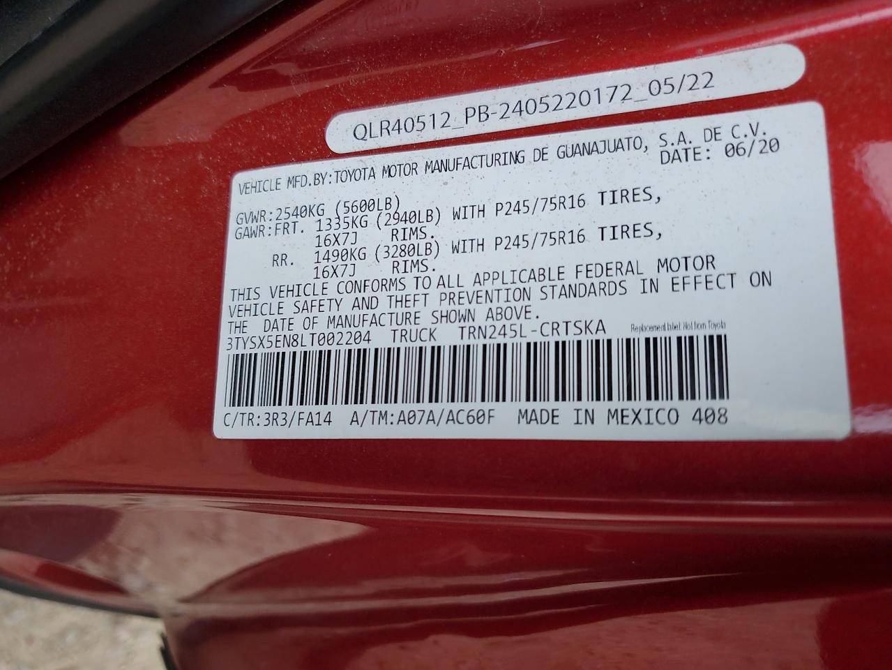 2020 Toyota Tacoma Access Cab VIN: 3TYSX5EN8LT002204 Lot: 56917255
